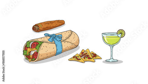 Colorful mexican cuisine: burrito, cigar, margarita, nachos on white background