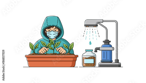 Gardener in mask tending plants with drip irrigation and organic fertilizer