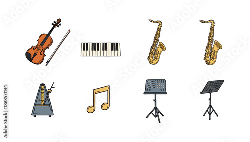 Colorful musical instrument set with violin and saxophone