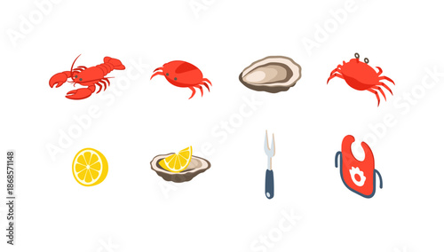 Seafood delights: icon set featuring crabs, lobster, oysters, and lemon