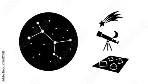 Celestial exploration icons set with telescope, constellation, and shooting star in black and white