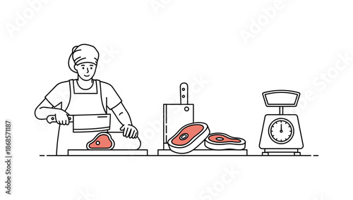 Butcher cutting meat with scales and knife in linear style