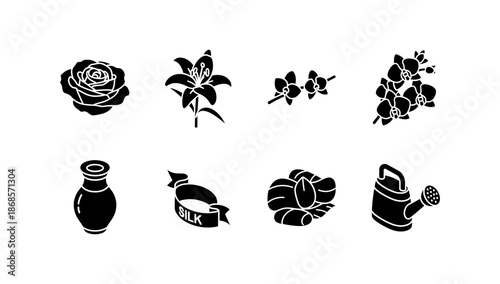 Silhouette botanical icons: roses, lilies, orchids, vases, and tools
