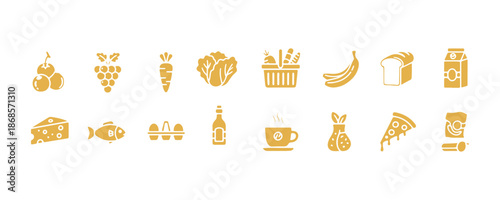 Grocery store glyph icon set, food collection, vector illustrations, logo graphics, supermarket departments vector icons, food and drink signs, solid pictograms, customizable stroke
