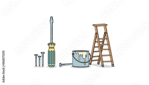 Home improvement tools: screwdriver, paint, ladder, and nails for diy projects