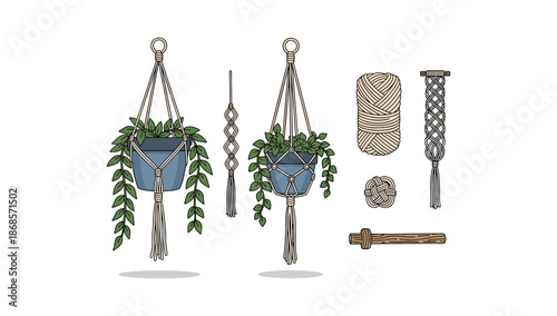 Boho macramé hanging planters and craft supplies with greenery