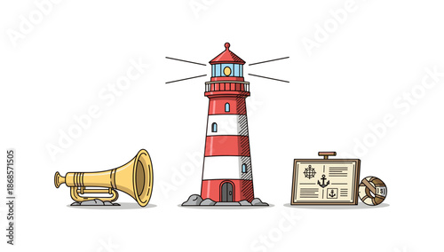 Nautical lighthouse and maritime icons in vintage style with horn and compass