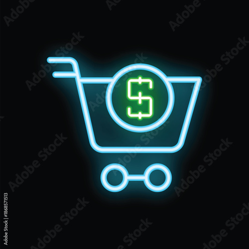 Neon blue shopping cart with a green dollar sign inside, representing the concept of online shopping