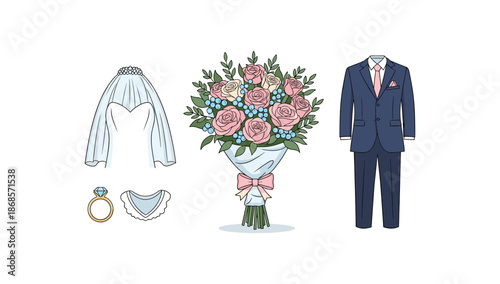 Wedding attire and bouquet set featuring elegant gown, suit, and floral arrangement