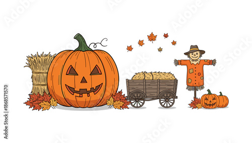 Autumn harvest theme with pumpkin, scarecrow, and fall leaves