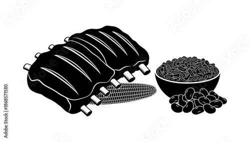 Silhouette barbecue ribs with corn and beans vector art