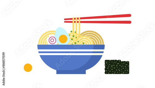 Minimalist ramen bowl with chopsticks and seaweed in flat design