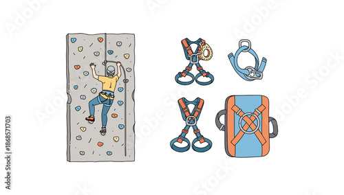Rock climbing gear and enthusiast climber on indoor wall in line art style
