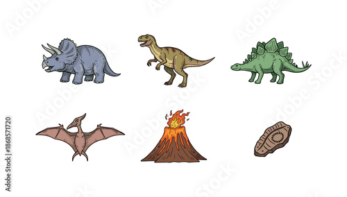 Dinosaur collection: diverse prehistoric creatures and volcanic eruption
