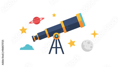 Colorful telescope with stars and planets on a white background