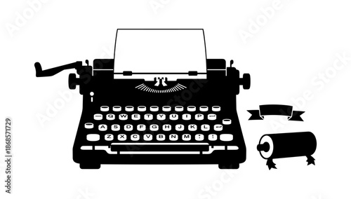 Vintage typewriter silhouette with ribbon and scroll elements