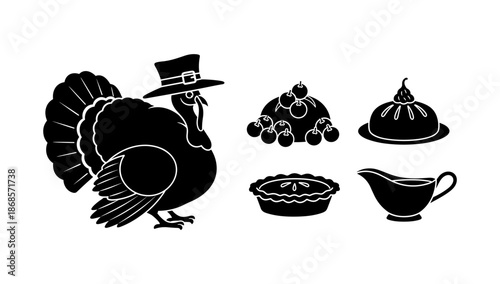 Thanksgiving silhouette: turkey with hat and festive foods in black and white