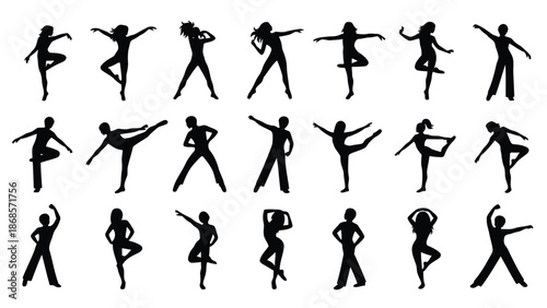 Collection of dynamic black silhouettes in various dance poses