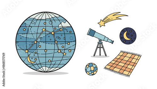 Celestial exploration: night sky elements with telescope and constellations