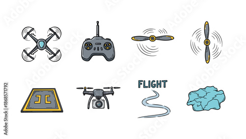 Drone elements: remote, propellers, and flight path concepts
