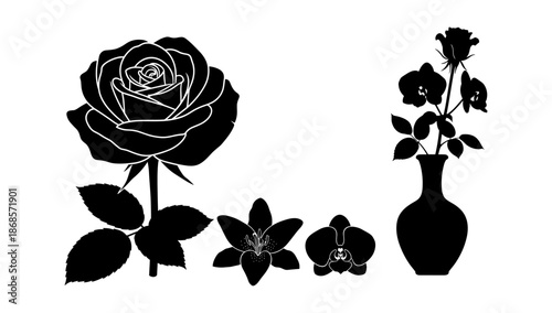 Silhouette floral arrangement with rose, orchid, and vase in black and white design