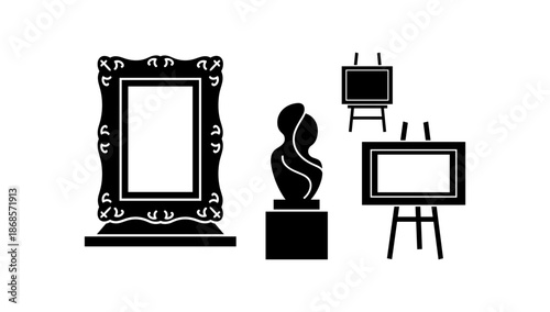 Art gallery elements: classic frames, abstract sculpture, and easels in black silhouette style