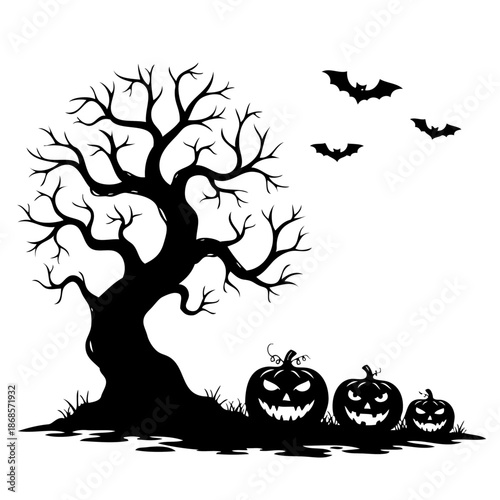 Haunted tree with jack-o'-lanterns and bats