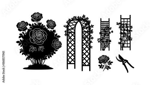 Garden silhouette collection featuring roses, trellis, and arch designs