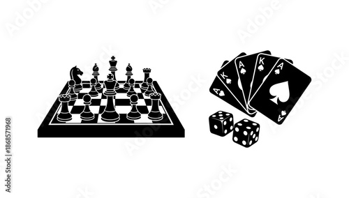 Silhouette chess and poker elements with dice on white background