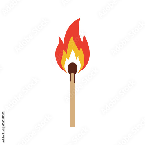 Lit matchstick flat design illustration showing flame and ignition on white background