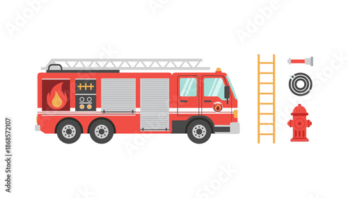 Fire truck with equipment: ladder, hose, fire hydrant, and siren in flat design