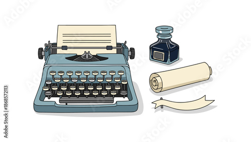 Vintage typewriter and ink set with paper scrolls and ribbon