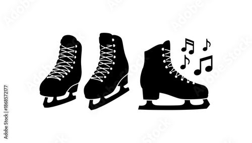 Black ice skates silhouette with music notes for winter sports design