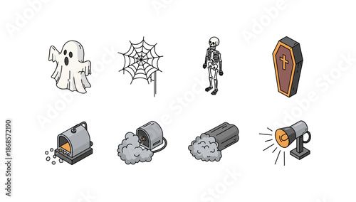 Spooky isometric icons set: ghost, skeleton, coffin, cobweb, smoke, spotlight
