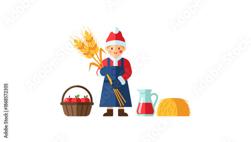 Festive farmer with harvest: santa in red apron with wheat and apples