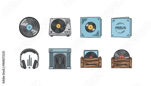 Vintage music elements: vinyl records, turntables, headphones, and record storage
