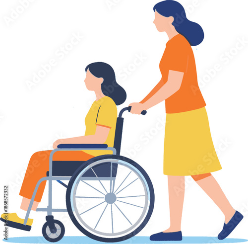 Nurse pushing patient in wheelchair vector illustration