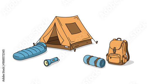 Camping essentials: tent, sleeping bag, backpack, flashlight, and blanket in cartoon style