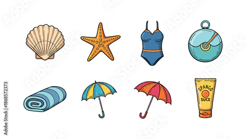 Summer beach essentials: colorful icons of seashells, swimwear, and sun safety items