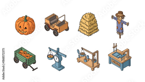 Isometric autumn icons: pumpkin, haystack, and harvest scarecrow