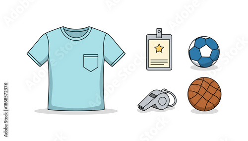 Sports gear and equipment: t-shirt, soccer ball, whistle, basketball, clipboard