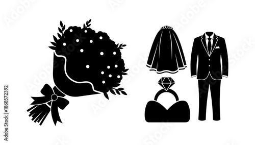 Elegant wedding elements: silhouette bouquet, bridal attire, and ring