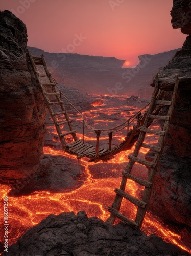 Perilous Bridge Crossing a Molten Lava River.