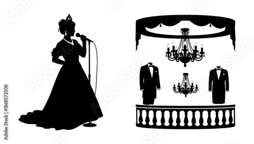 Elegant singer and formal balcony scene in silhouette style