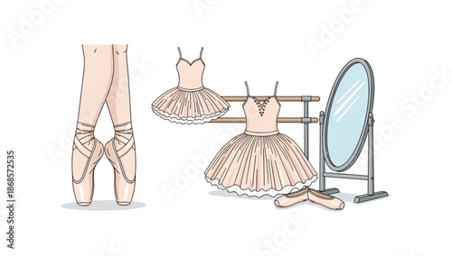 Ballet shoes and dance attire with mirror and barre in delicate pastel colors
