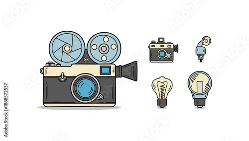Retro camera and light bulb icons set in flat design