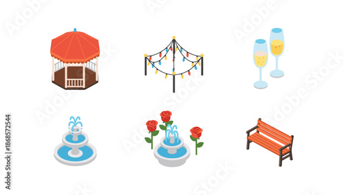 Isometric garden elements: gazebo, lights, champagne, fountains, roses, bench