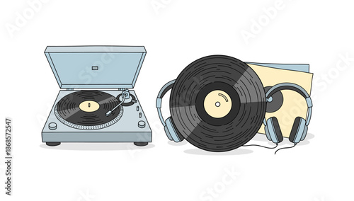 Retro vinyl record player with headphones and records in minimalist style