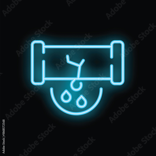 Blue neon sign representing a leaking pipe, evoking concepts of water damage, plumbing issues, and home repairs