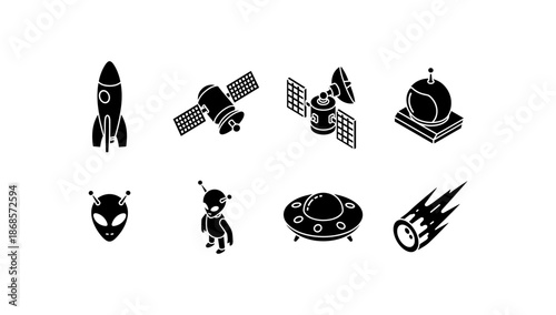 Space icons set: rocket, satellite, ufo, alien, meteor in black silhouette style